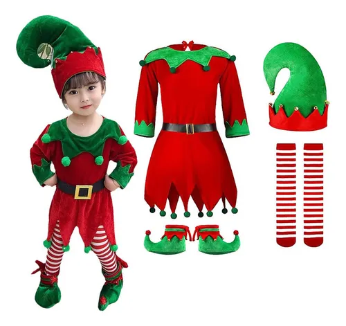 Disfraz De Elfo Navideño Para Niñas Y Niños – Vestido Rojo Y Verde Con Gorro Y Medias, Ideal Para Fiestas Y Colegio