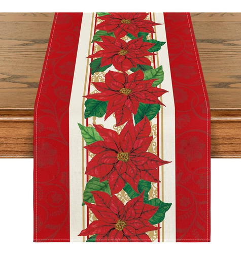 Modo Artoid Acuarela Poinsettia Red Christmas Table Runner, 