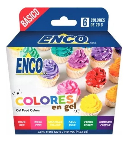 Kit 6 Colores Gel Basicos Comestibles Enco 20 Grs 