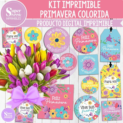 Kit Imprimible Feliz Primavera Colorida Tags Etiquetas