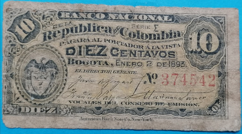 Colombia 10 Centavos 2 Enero 1893. Banco Nacional