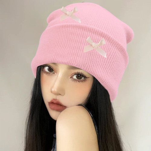 Gorro Con Lazo Para Mujer, Bonito Gorro De Punto, Rosa, Con