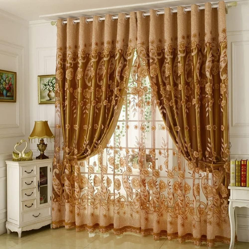 Cortinas Europeas De Doble Capa Con Flores Y Hojas Café 152x