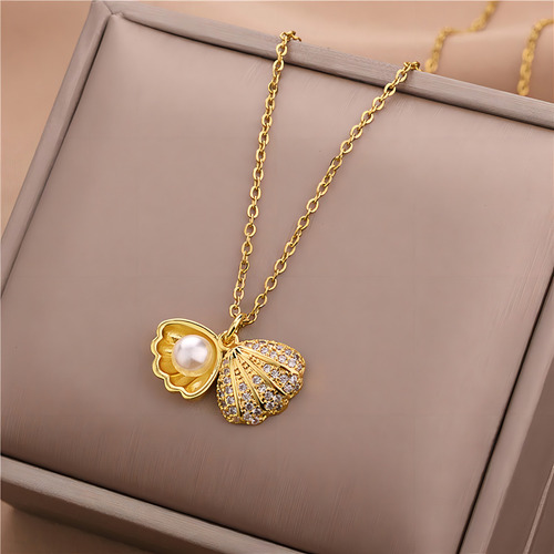 Collar Dije De Concha Con Perla Marina Ostra De Mar Con Piedra Preciosa Chapada En Oro De 18k Para Mujer Dama Elegante Color Dorado
