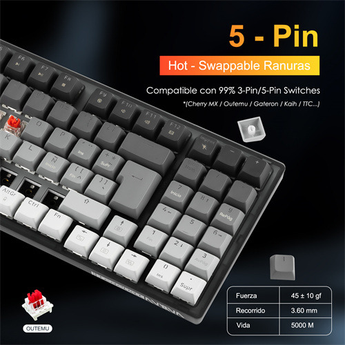 Terport 90% Teclado Mecánico Inalambrico En Español Tr95 Volcán, Bluetooth+usb+cable Removible, Outemu Red Switch Hotswap, 95 Teclas Antighosting, Luces Rgb, Juegos&oficina Win/mac