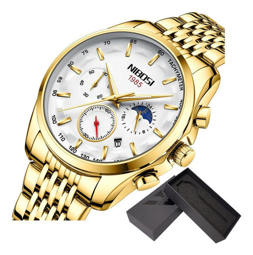 Relojes Nibosi para hombre en acero inoxidable con escala de fase lunar, color de fondo dorado/blanco