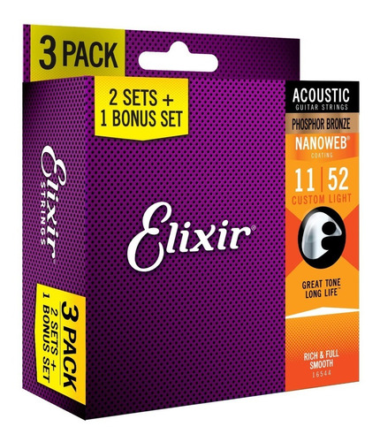 Elixir Cuerdas Guitarra Acustica Nanowev 3 Pack 11-52