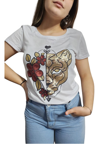 Remera De Tigre Con Flor Con Lentejuelas Bordadas. Marca: Xs