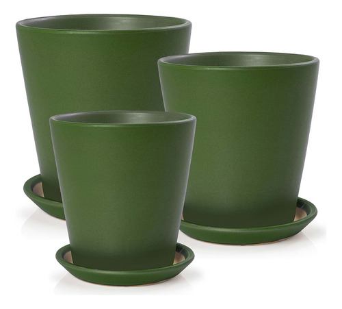 3 Vasos Cachepot Com Pratos Porcelana Verde Brilho Pozzani