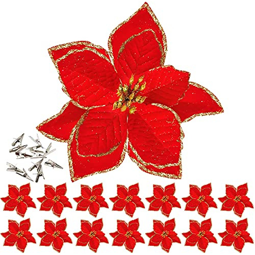 15 Pieces Poinsettia Artificial Christmas Flowers With ...