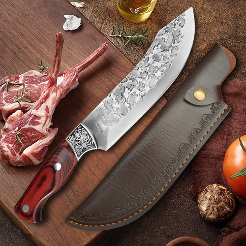 Cuchillo Forjado Acero Inoxidable Mango Madera Con Funda