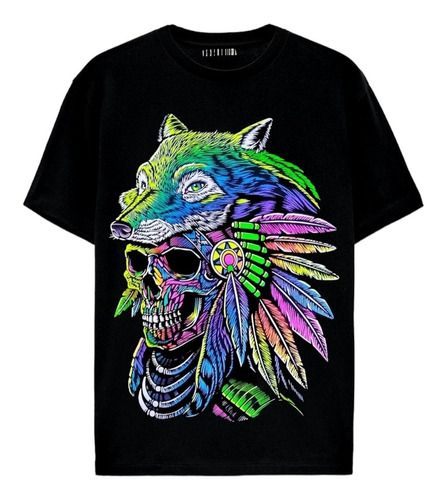 Playera Calavera Dia De Muertos Lobo Neon Con Luz Negra