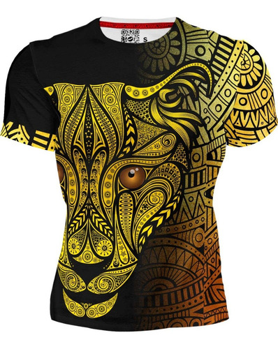 Playera Sublimada Caballero Negro Jaguar Grecas Dorado