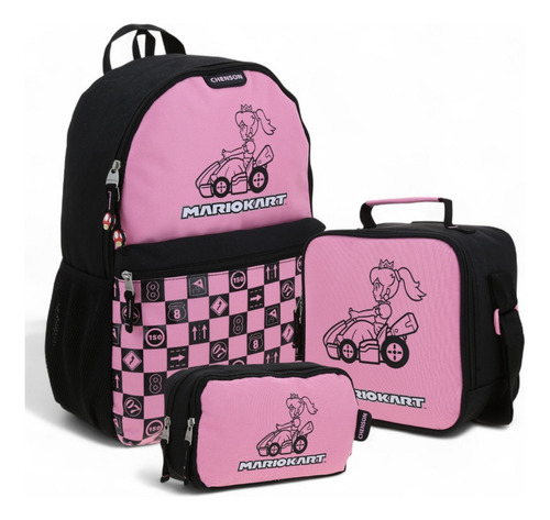 Kit Mochila+lonchera+lapicera Mario Bros Peach Gogo 2025 Negro Liso
