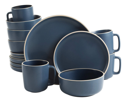 Gibson Home Zuma 127342.16r - Juego De Vajilla Redonda De Cocina De 16 Piezas, Platos, Tazones, Tazas, Servicio Para 4, Gres Mate, Azul Cobalto