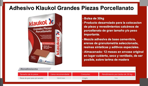 Pegamento Adhesivo Klaukol Porcelanato Grandes Piezas 30 Kg