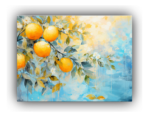 65x50cm Cuadro Moderno Limonero Naranja Y Azul Bastidor Made