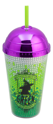 Vaso Doble Pared Tapa Domo Y Popote Brillos Wicked 500 Ml Color Verde