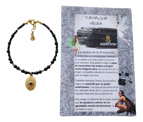 Pulsera Piedra Turmalina Negra + Cristal Negro, Baño Oro 18k