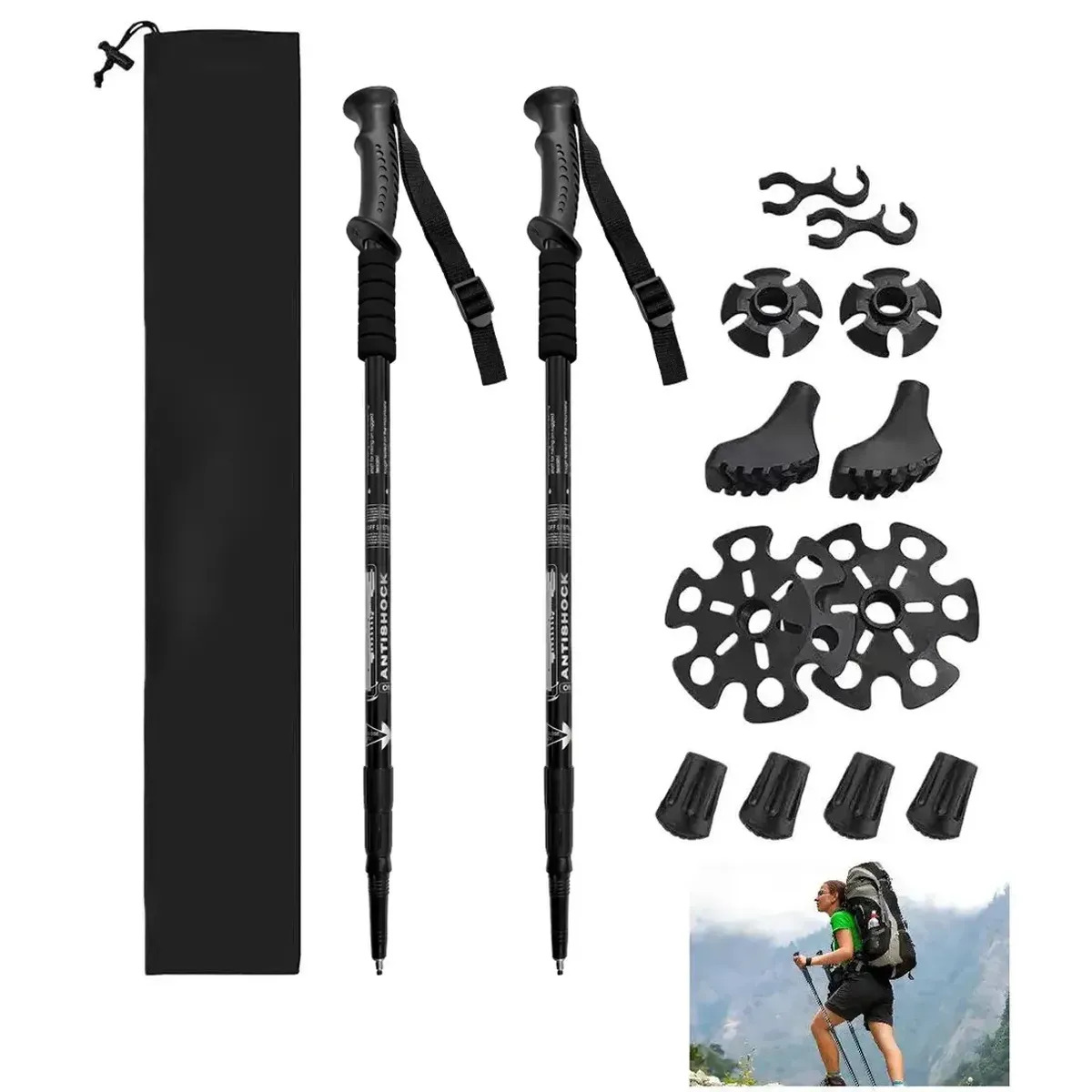 Kit 2 Bastões Caminhada Dobráveis Antishock Preto