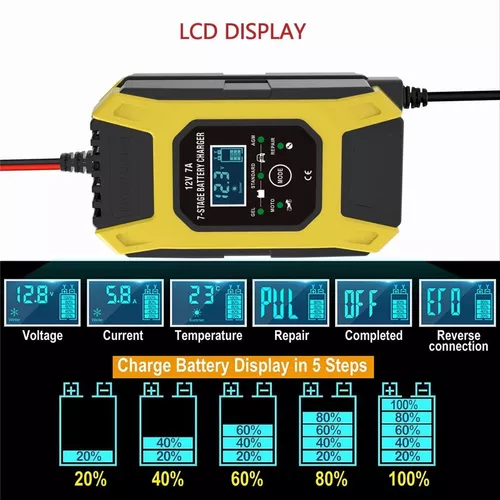 Cargador de batería automotriz 12V/7A Cargador de batería de coche con  pantalla LCD, cargador de batería portátil, mantenedor, cargador de  reparación