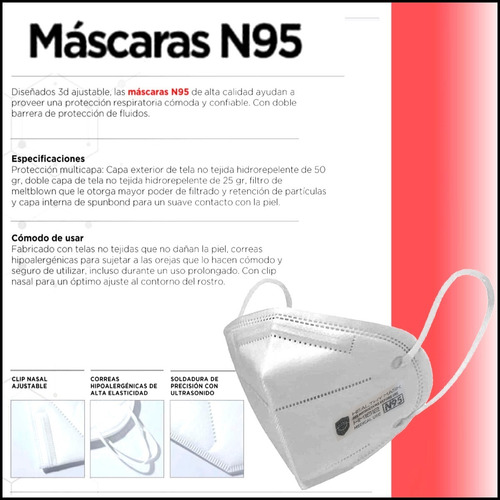 50 Barbijos N95 Uso Médico 5 Capas 3 D Clip Nasal Ajustables