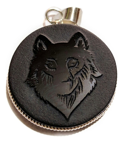 Dije Lobo De Obsidiana Grabado Espejo 3cm Tótem Protector