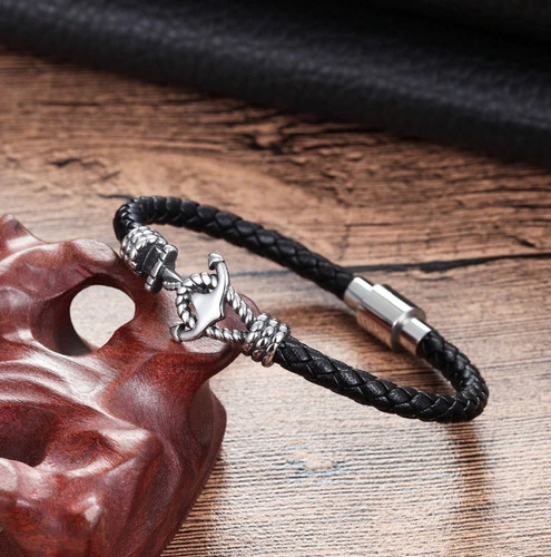 Imagem 2 de 5 de Pulseira De Couro Náutica Âncora Luxo Prateada / Dourada