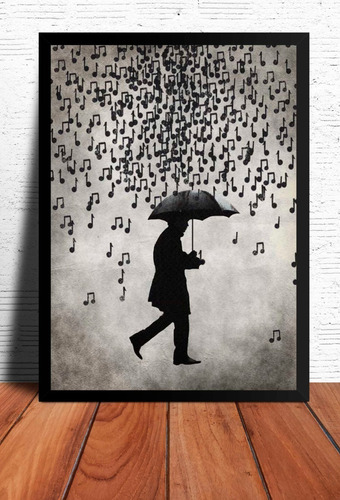 Poster  Hombre Paraguas Notas Musicales Marco Negro 33x48cm