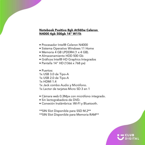 Imagen 6 de 10 de Notebook Positivo Bgh Celeron N4000 Ram 4gb Hdd 500gb W11