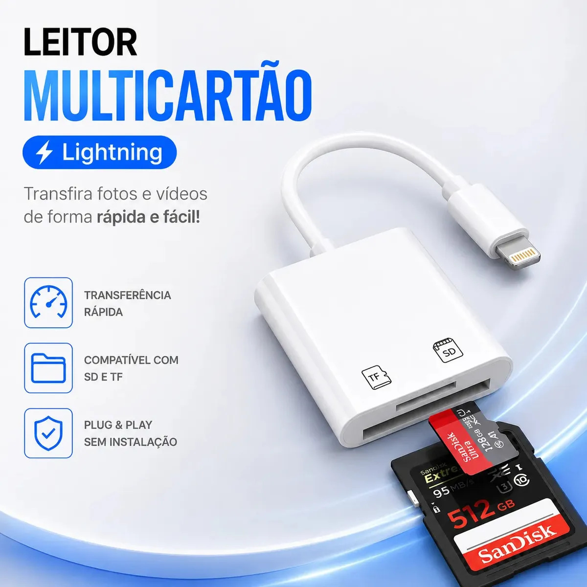 Adaptador Lightning Leitor Cartão Sd Tf iPhone 11 X 8 iPad. Branco