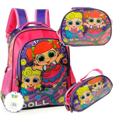 Kit Mochila Estojo Lancheira Menina Vozz M3916 Doll Grande