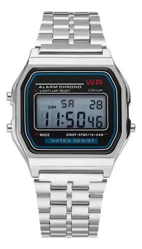 Relógio WR Retrô Digital Aço Inoxidável Vintage Unisex Prata