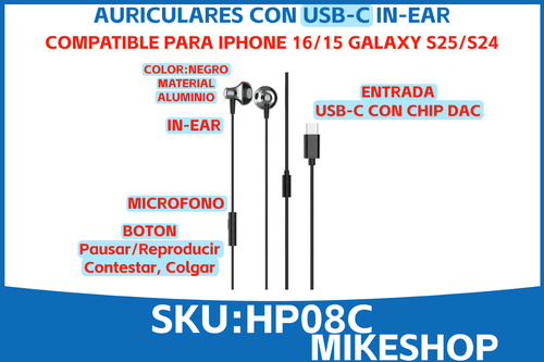 Auriculares Tipo-c Con Mic Compatible Para Iphone 15 16 S25 Negro