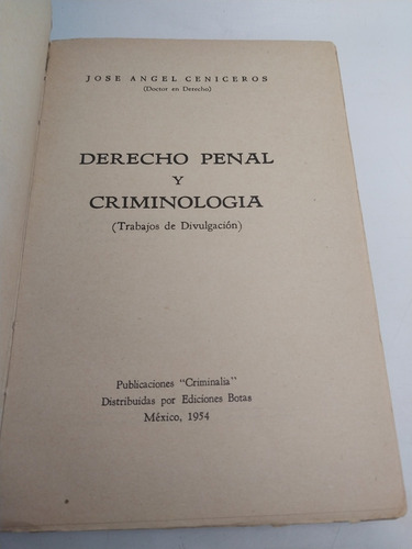 Derecho Penal Y Criminología Jose Angel Ceniceros (Usado)