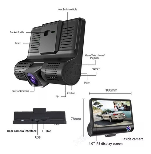 Camara Carro Dvr Hd 3 Lentes Y Cam Reversa Grabacion