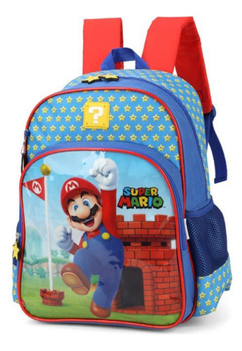 Mochila Escolar Costas Infantil Super Mario Com Chaveiro Cor Azul