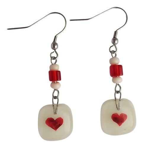 Imagen 2 de 6 de Aretes Largos Con Corazón Pintado A Mano