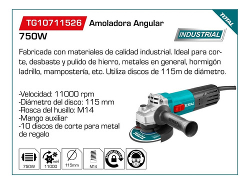Imagen 7 de 10 de Amoladora Angular Total 750w Con 10 Discos De Corte 115