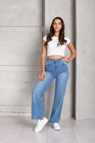 Jean Wide Leg Mujer Rigido Celeste Tiro Alto 323