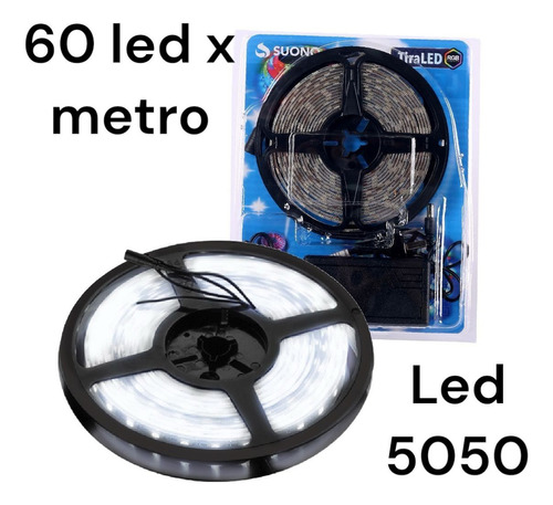 Cinta Super LED 5050, 5 m, luz blanca fría, 300 LED, 12 V + Fuente de luz, color blanco frío