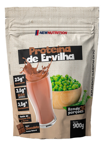 Proteína da Ervilha Sabor Chocolate em Sachê de 900g Suplemento em Pó NewNutrition Pea Protein Vegetal 100% Vegano e Natural