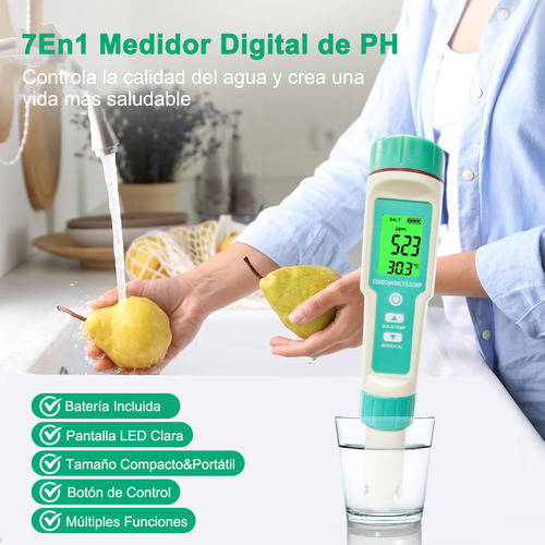 Medidor Ph/tds/ec/salinidad/orp/sg/temp Probador Agua 7 En 1 Bolígrafo de Prueba de Calidad del Agua Portátil de Alta Precisión de 0.01 EC Multifuncional para Hidroponía Piscina Color Verde