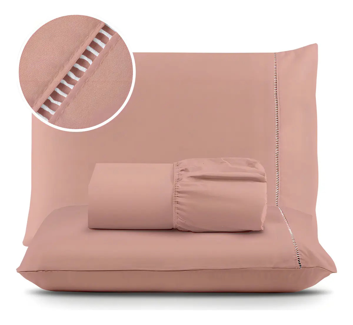 Jogo De Lençol Cama Casal Padrão 03 Peças 400 Fios Ponto Palito Extra Macio Cor Rose
