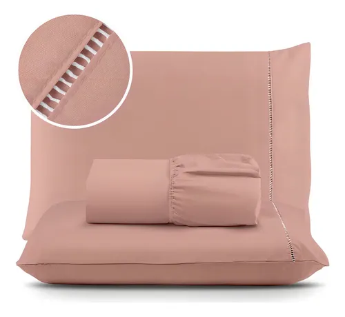 Jogo De Lençol Cama  Casal Padrão 03 Peças 400 Fios Ponto Palito Extra Macio Cor Rose