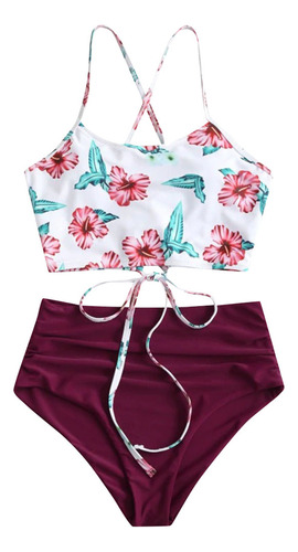 Conjunto De Bikini De Cintura Alta Con Cordones Y Estampado