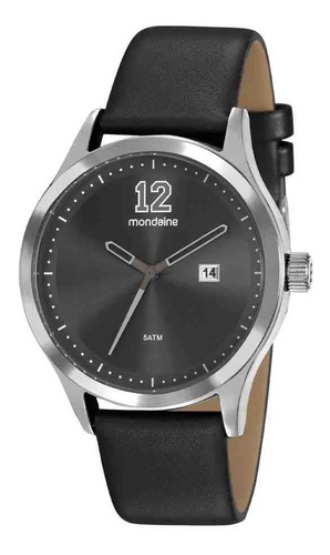 Relogio Mondaine Masculino Calendario Pulseira Couro Social Cor da correia Preto Cor do bisel Prata Cor do fundo Preto