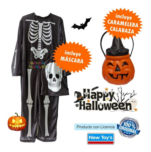 Imagen 2 de 10 de Disfraz Halloween Esqueleto C/ Mascara Y Caramelera Calabaza