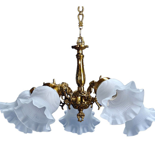 Lustre Pendente Colonial Metal + 5 Tulipas De Cristal