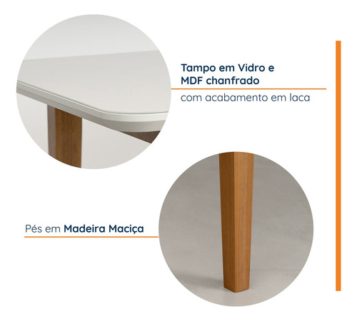 Mesa De Jantar 6 Lugares 1,60m Tampo Mdf E Vidro Pés Wt